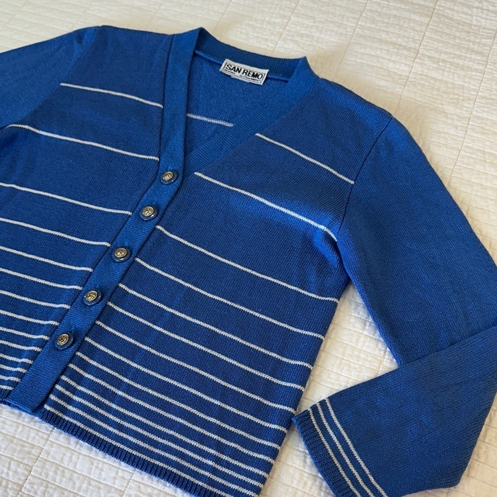 Vintage Knit Cardigan Large Button Stripe Knit 3/4 sleeve Coastal Cozy Grandma - Picture 3 of 8